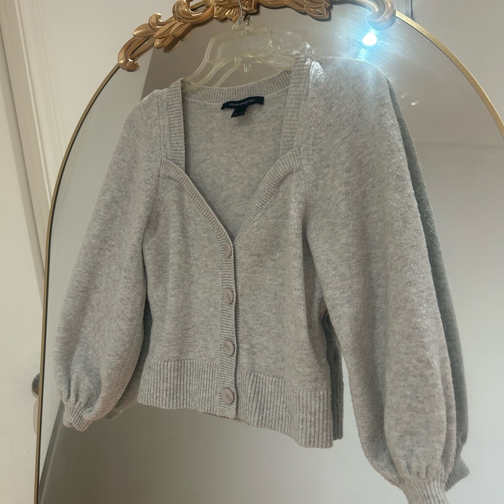 French Connection Sweetheart Balloon Sleeve Gray Cardigan Sweater